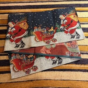 Vintage Christmas Santa Claus Woven Tapestry Table Runner Navy Blue Holiday